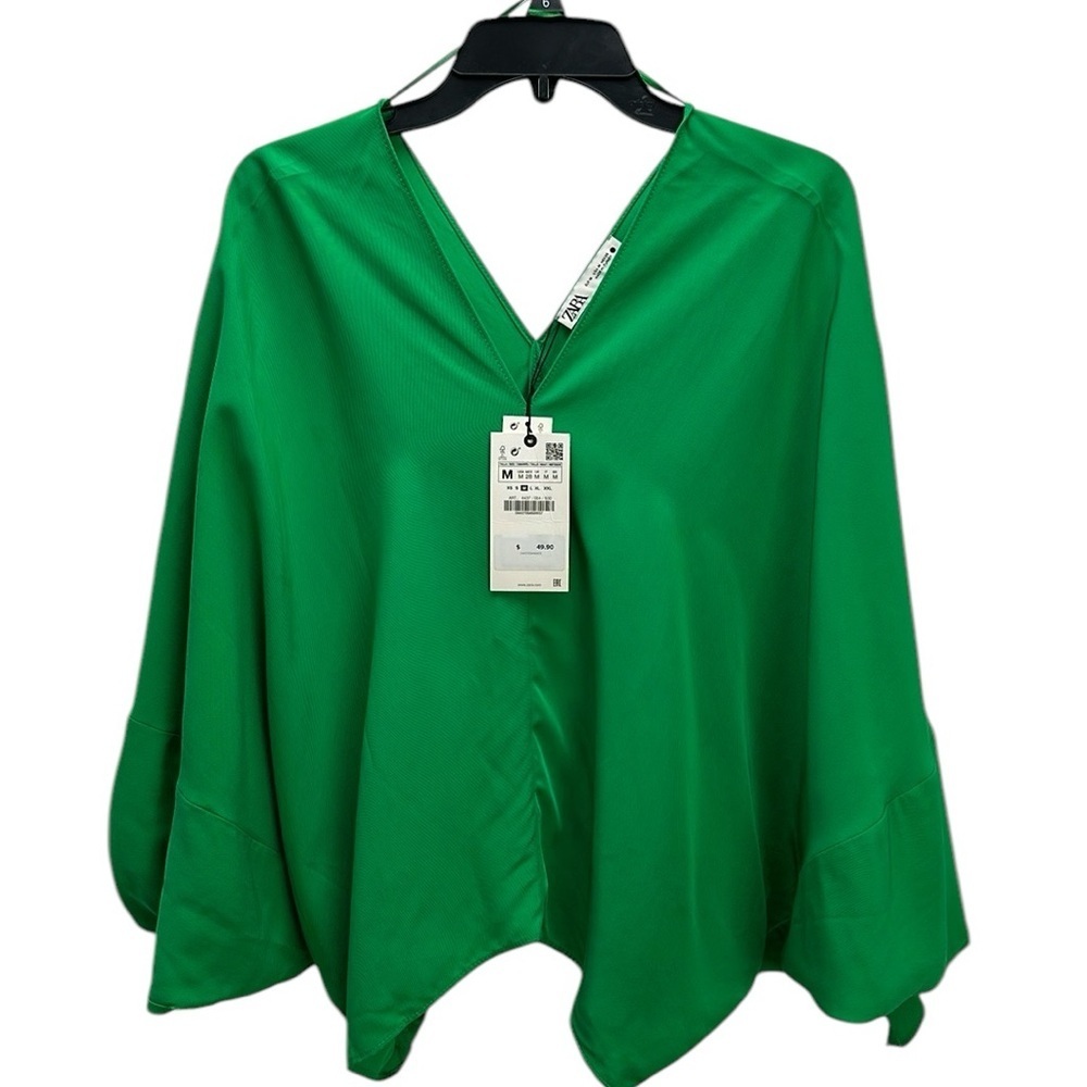 Zara Emerald‎ Green V Neck Tie Sleeves Fluid Blouse Top Medium 4437 054